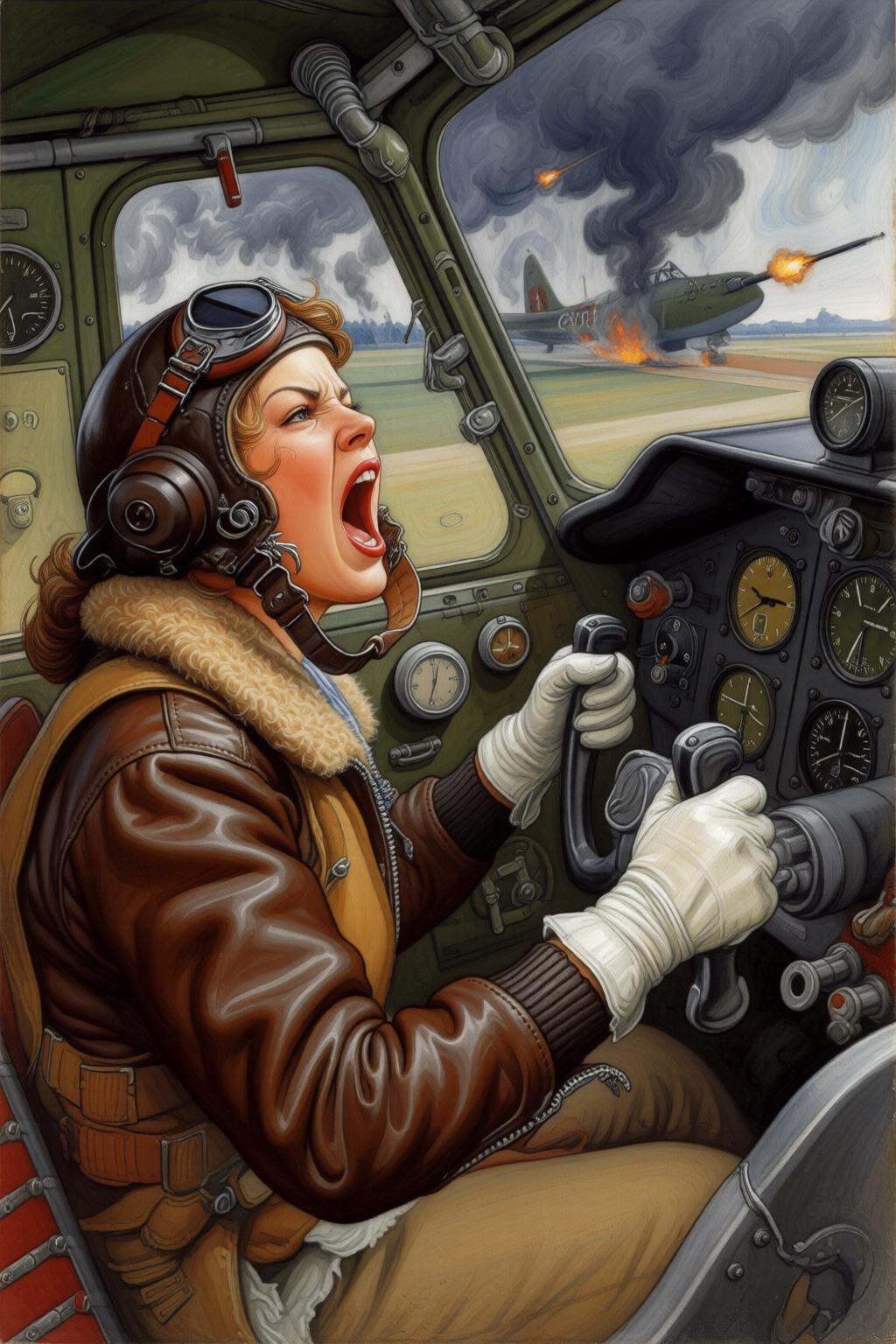 carllarsson2q painting.A female pilot screaming inside the cockpit of a World War II bomber. The pilot,  wearing a vintage...