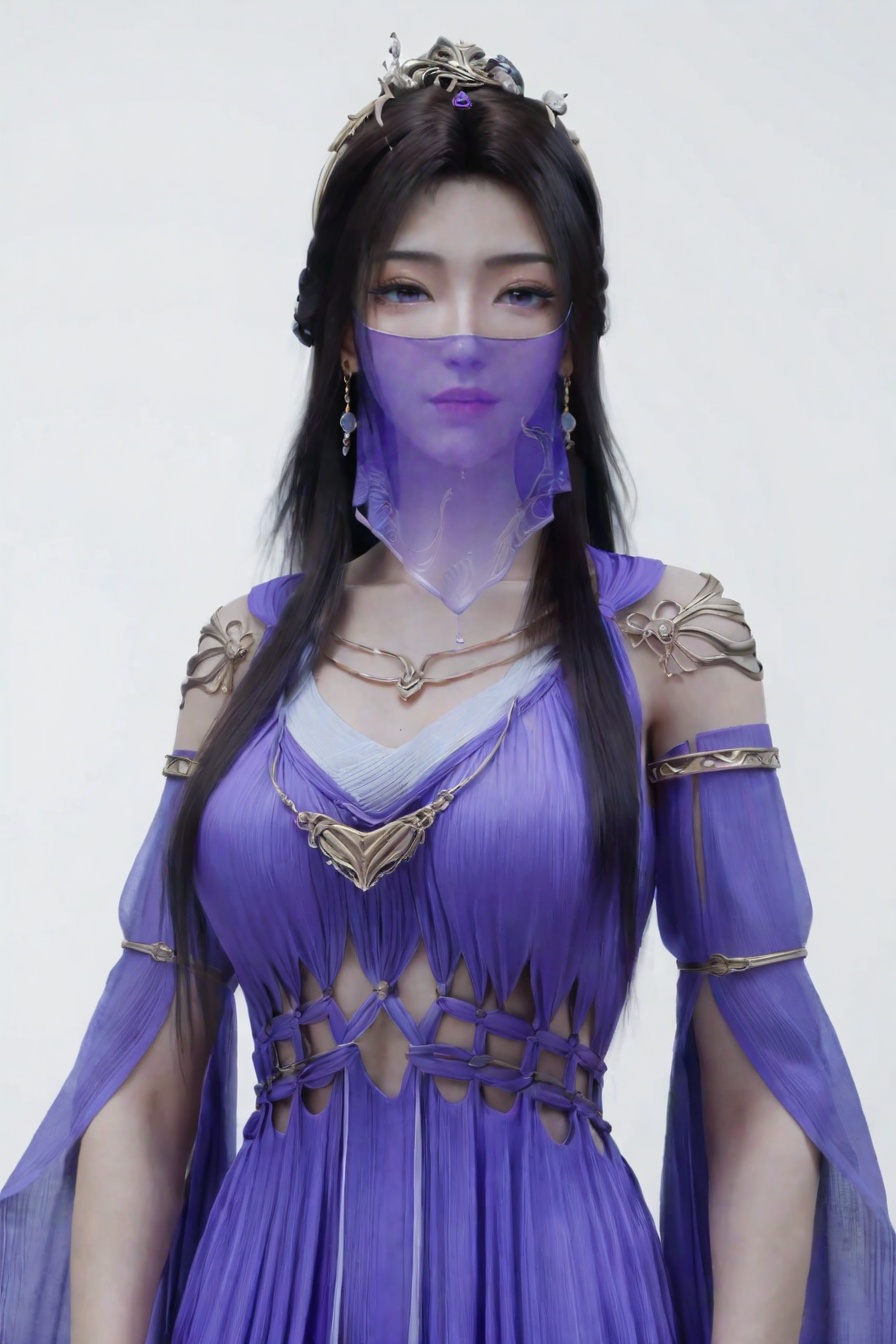 score_9,score_8_up,score_7_up,incredibly absurdres,<lora:SF_ZiLing_Pony-000005:0.7>,1girl,solo,purple dress,large breasts,mouth veil,lips,jewelry,earring,long hair,looking at viewer,white background,