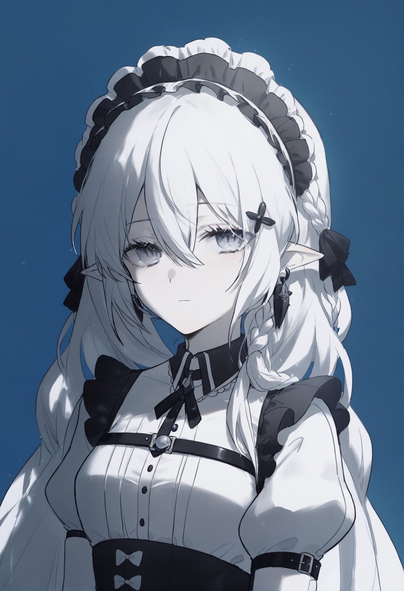 masterpiece,best quality, score_9,score_8,score_7_up,score_6_up,solo, 1girl, long hair, blue background, simple background, upper body, jewelry, earrings, hair between eyes, braid, arm belt, maid headdress, looking at viewer, puffy sleeves, closed mouth, white hair, maid, juliet sleeves, collar, pointy ears, monochrome, twin braids, blue theme, hair intakes, dress <lora:konyakarasueXLlokr4f-000140:0.95>