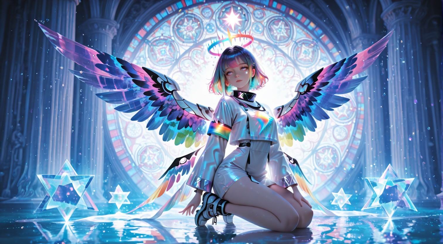 1girl,  full body,  kneeling pose sketching holographic blueprints mid-air on Tensor.Art