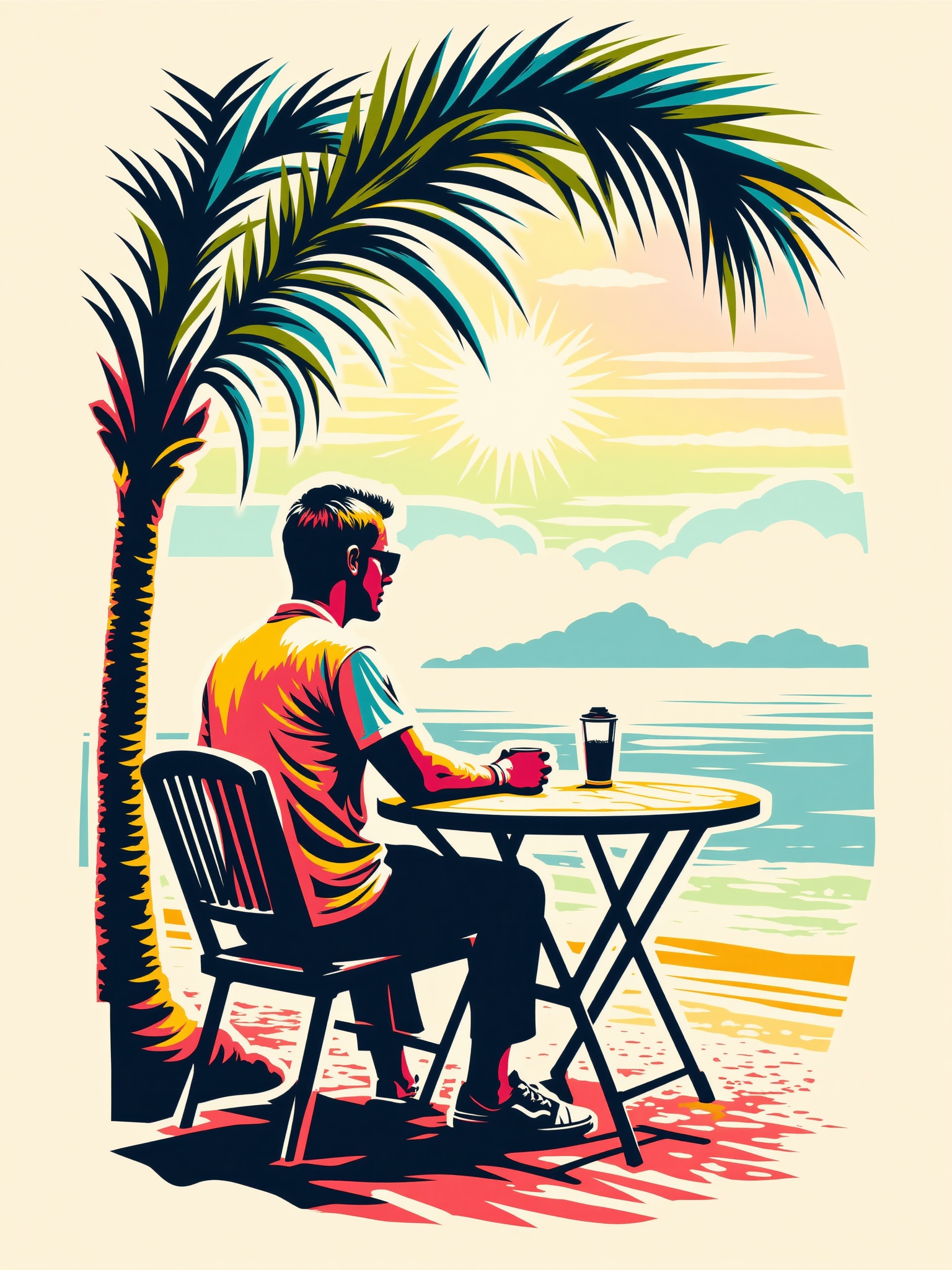small text "STENCIL ART",  mad-stncl,  man sitting in a beach cafe on Tensor.Art