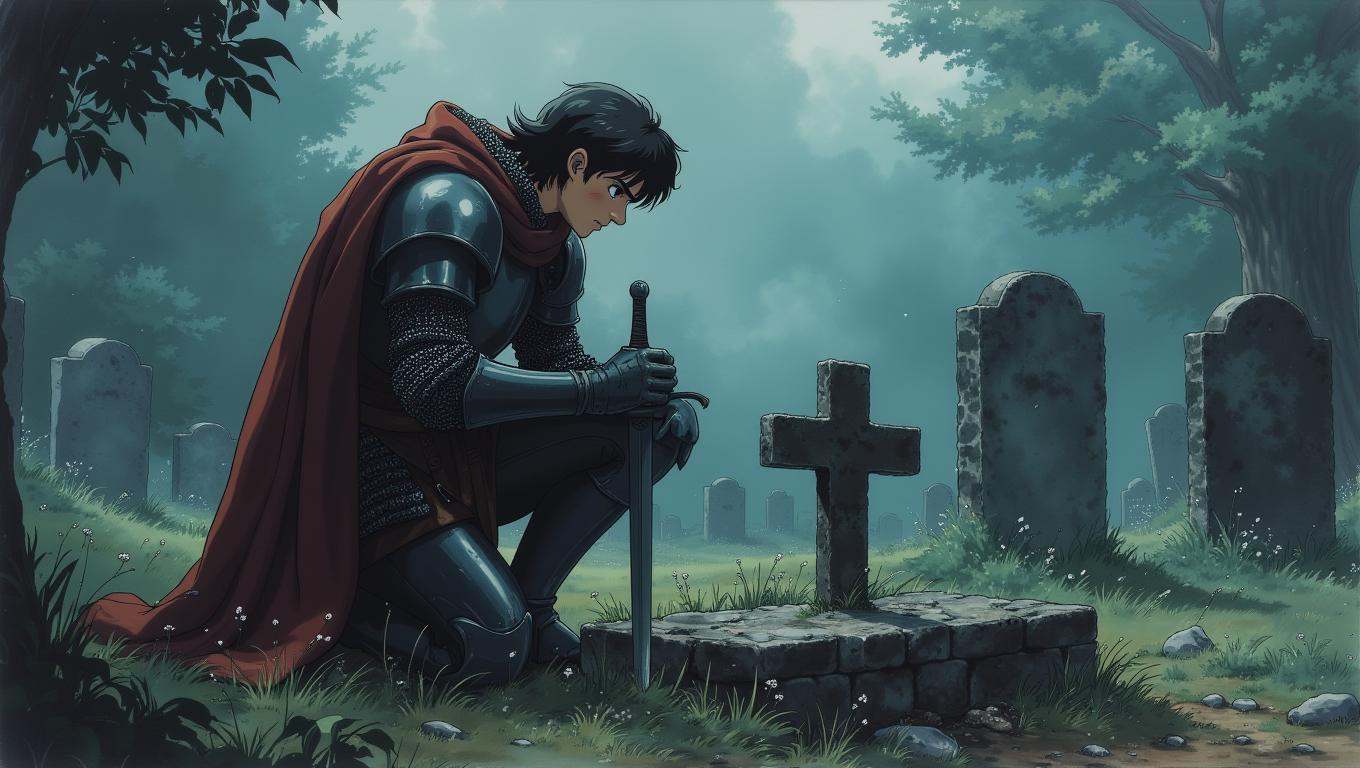 A solemn medieval knight,  kneels beside the grave of a fallen comrade in a quiet,  misty graveyard. The knight’s armor is...