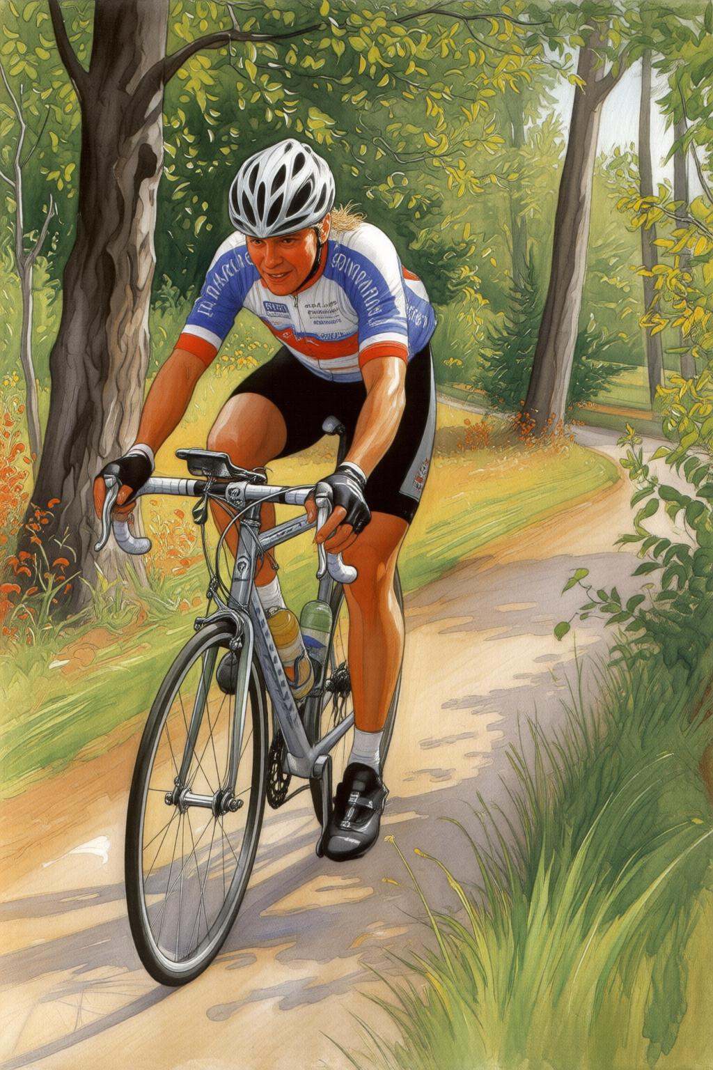carllarsson2q painting.A cyclist in a lush,  forested path. The artwork features a cyclist,  dressed in a cycling jersey o...