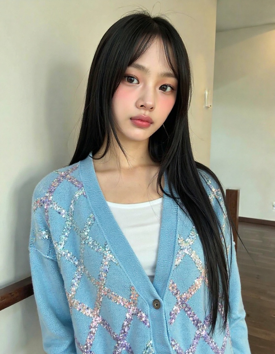 Generate an image of a young woman with long,  straight black hair and soft bangs framing her face. She is wearing a styli...