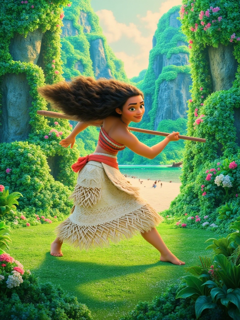 A cinematic and vibrant photograph of Moana set in a lush,  tropical Polynesian landscape with intricate foliage and subtl...