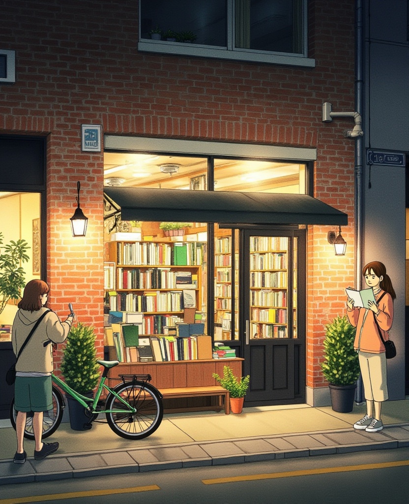 Anime-style illustration of a cozy bookstore at night, warm lighting, brick walls, bookshelves, a woman with a ponytail reading a book, a man on a bicycle, a woman standing outside, carrying a bag, a potted plant, a lamp, a sign above the door, a window with a plant, a street lamp, a watermark, artist signature,<lora:flux_清新插图_tusi:1>