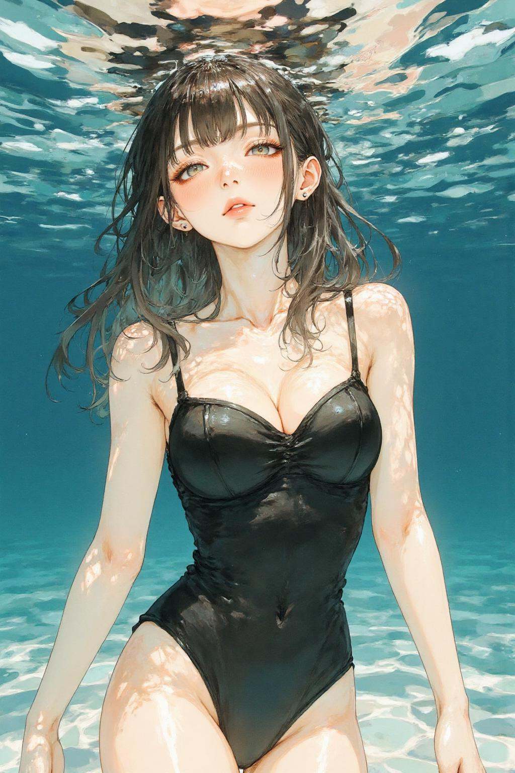 nijiwatercolor1q anime illustration.A serene and artistic underwater scene featuring a woman partially submerged in water....