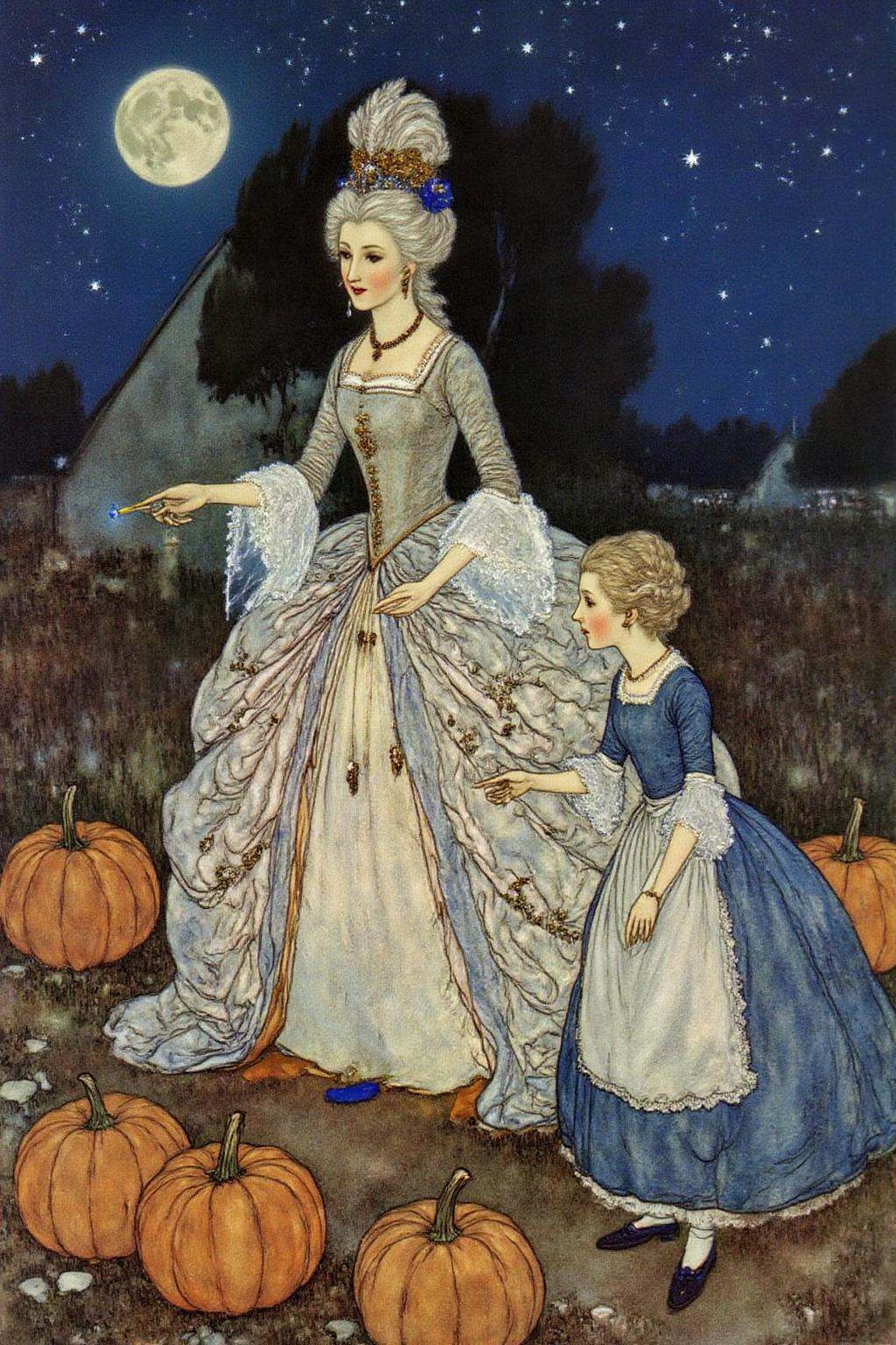 dulac1 illustration. an elegant fairy godmother in the center. She is dressed in an elaborate,  ornate gown with a volumin...