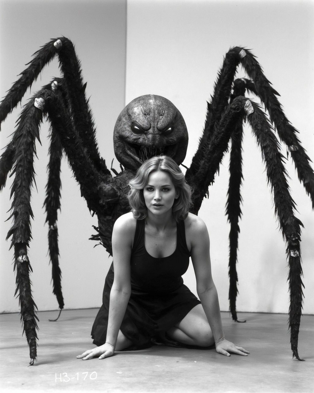A black and white photograph depicts jennifer_lawrence in a poised pose with a large spider-like creature behind her. The...
