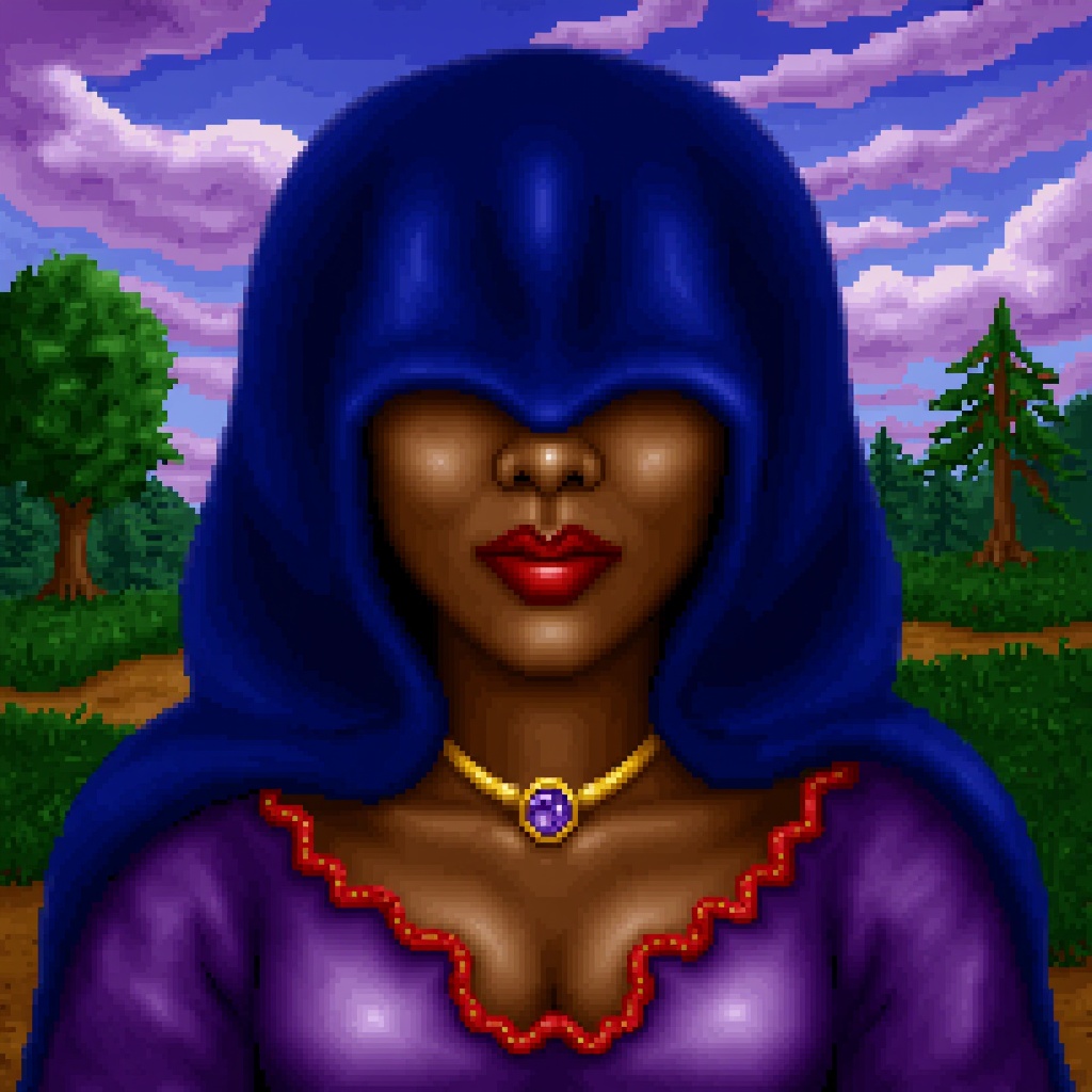 Original HoMM2 style portrait of a sorceress with dark skin,  partially obscured by a deep blue hooded cloak. The cloak co...