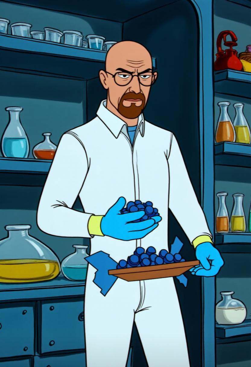 tjstyle cartoon image of Walter White from Breaking Bad in a hazmat suit in and underground laboratory holding a tray full...