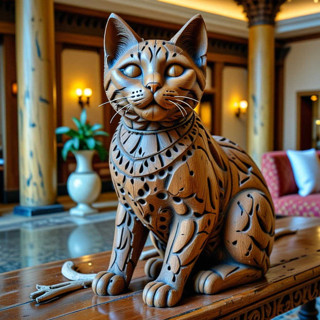 a cat made of wood,  a beautiful playful cat,  antique statue on Tensor.Art