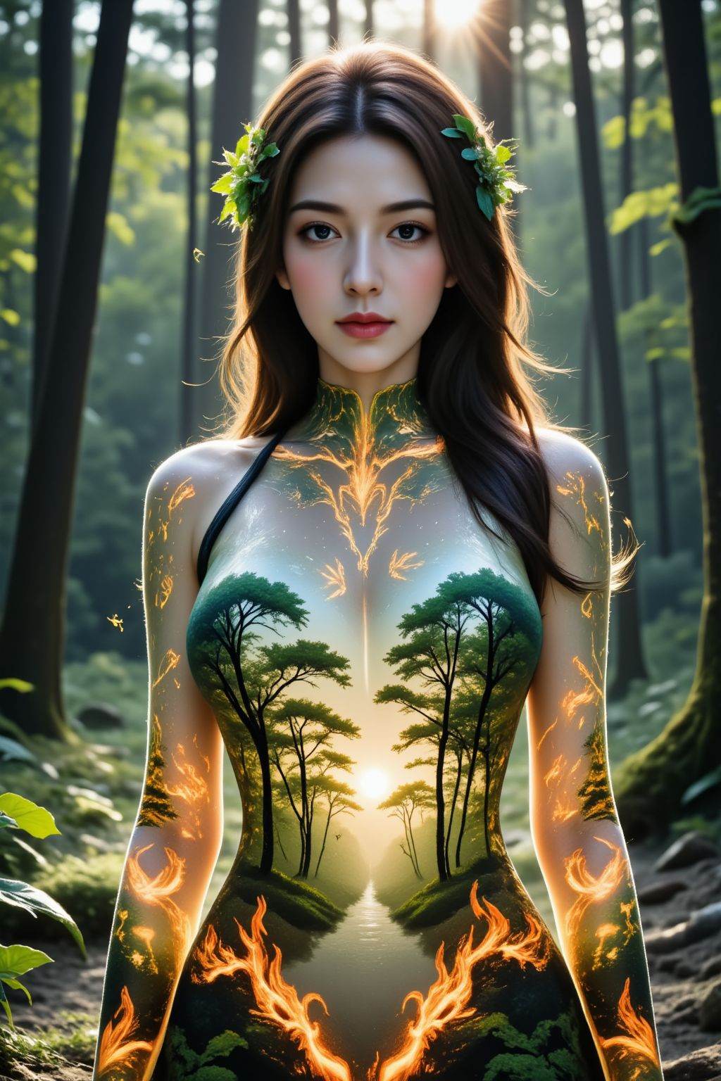 The image depicts a serene forest scene with a woman standing in the foreground and looking at viewer. She is wearing a tu...