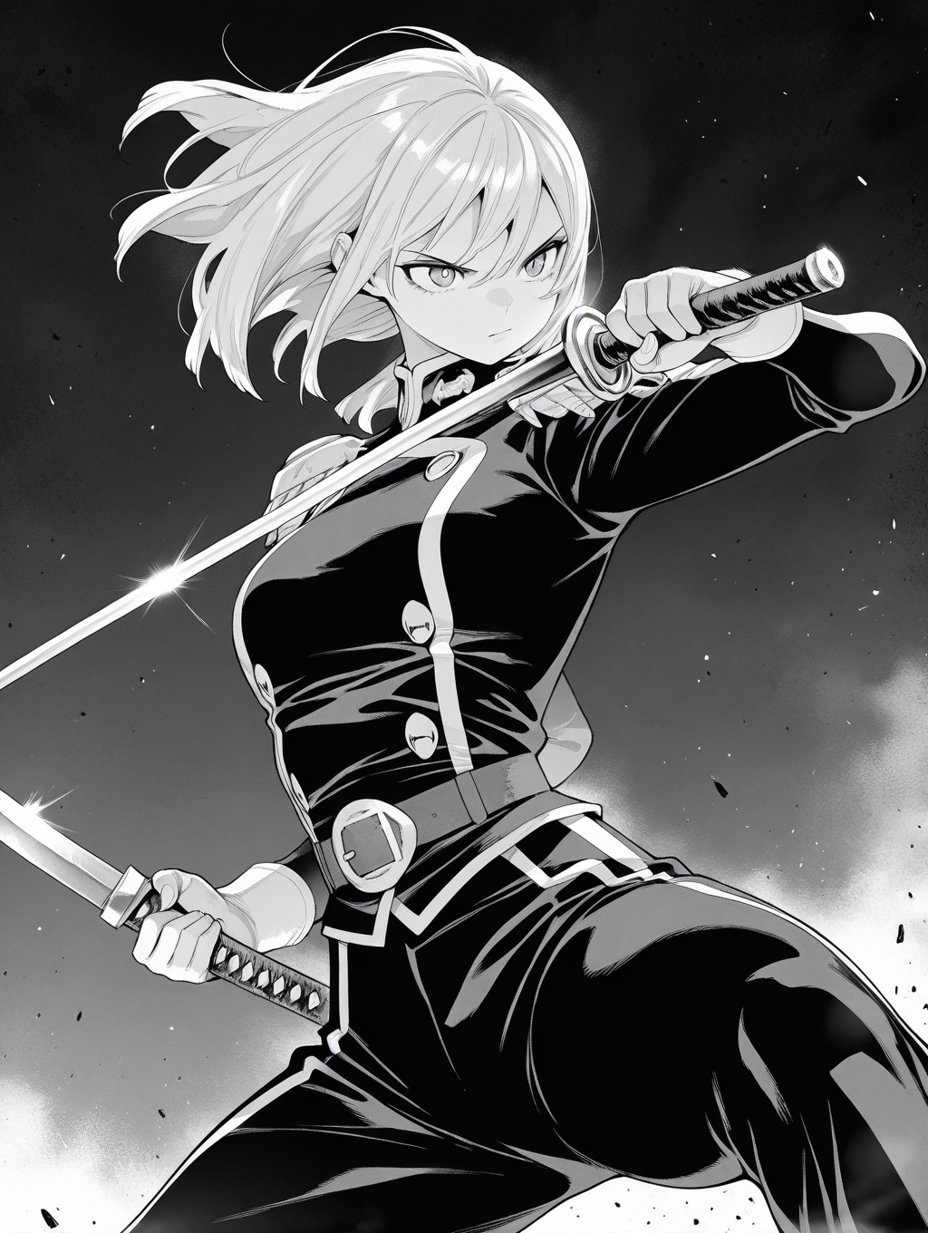 greyscale,  1girl,  fighting stance on Tensor.Art