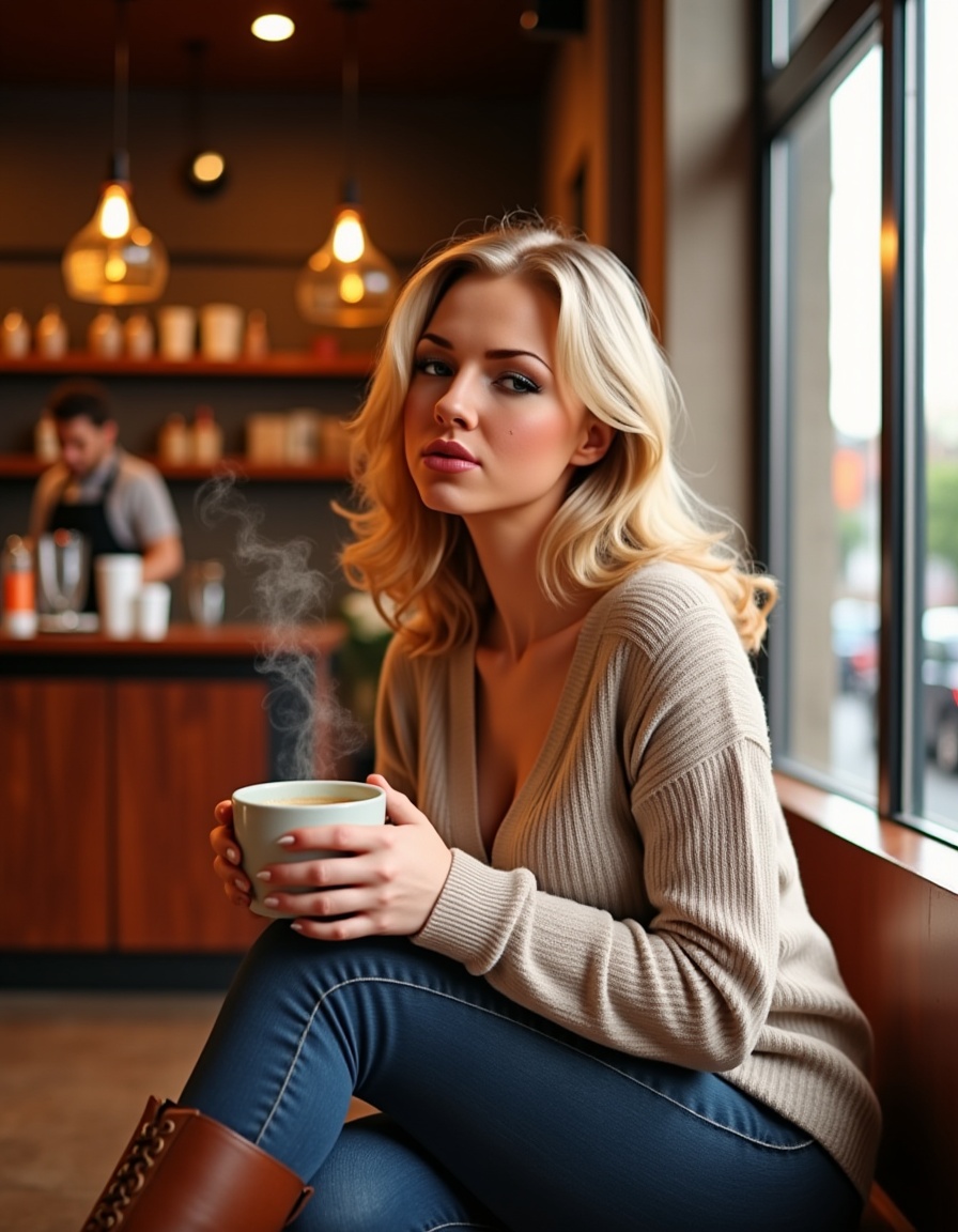 A hyperrealistic mid-range portrait of a beautiful woman sitting in a sunlit café,  her face softly illuminated by the war...