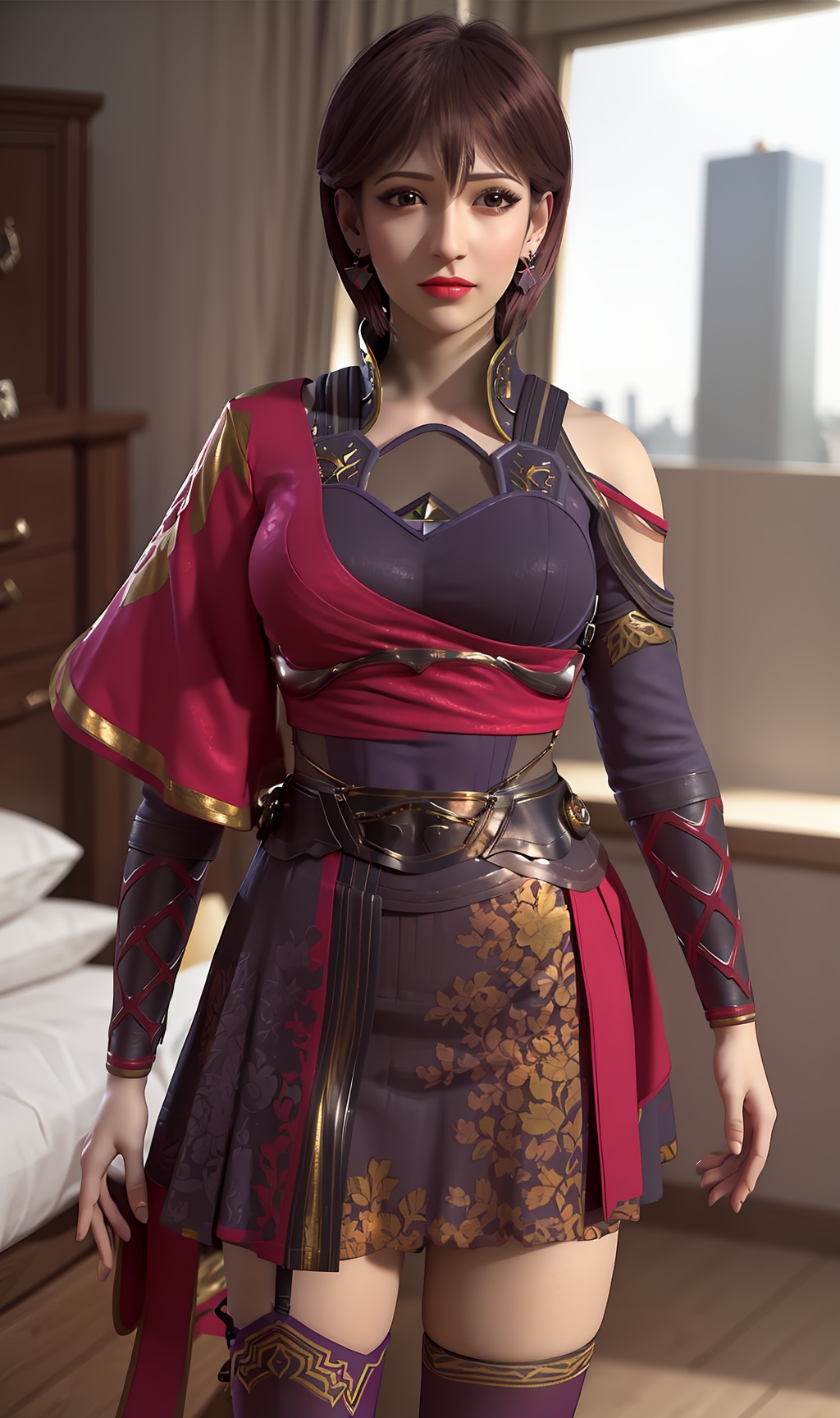 3D,masterpiece,(best quality),(makeup),official art, extremely detailed cg 8k wallpaper,((crystalstexture skin)), (extremely delicate and beautiful),(highly detailed),(face),(collar),(1girl), (solo), (jewelry), (earrings),(brown_hair),(short_hair),(hair_ornament),(handwear),(breasts),(standing),((upper_body)),(closed_mouth),(city,indoor,bed),(dress),(shorts_skirt),(asymmetrical_clothes),(multicolored_clothes),(multicolored_dress),,(shiny_clothes),,((long_legs)),(sash),(thighhighs),,((looking_at_viewer)),((Facing the camera)),, <lora:hipoly3DModelLora_v10:0.3>