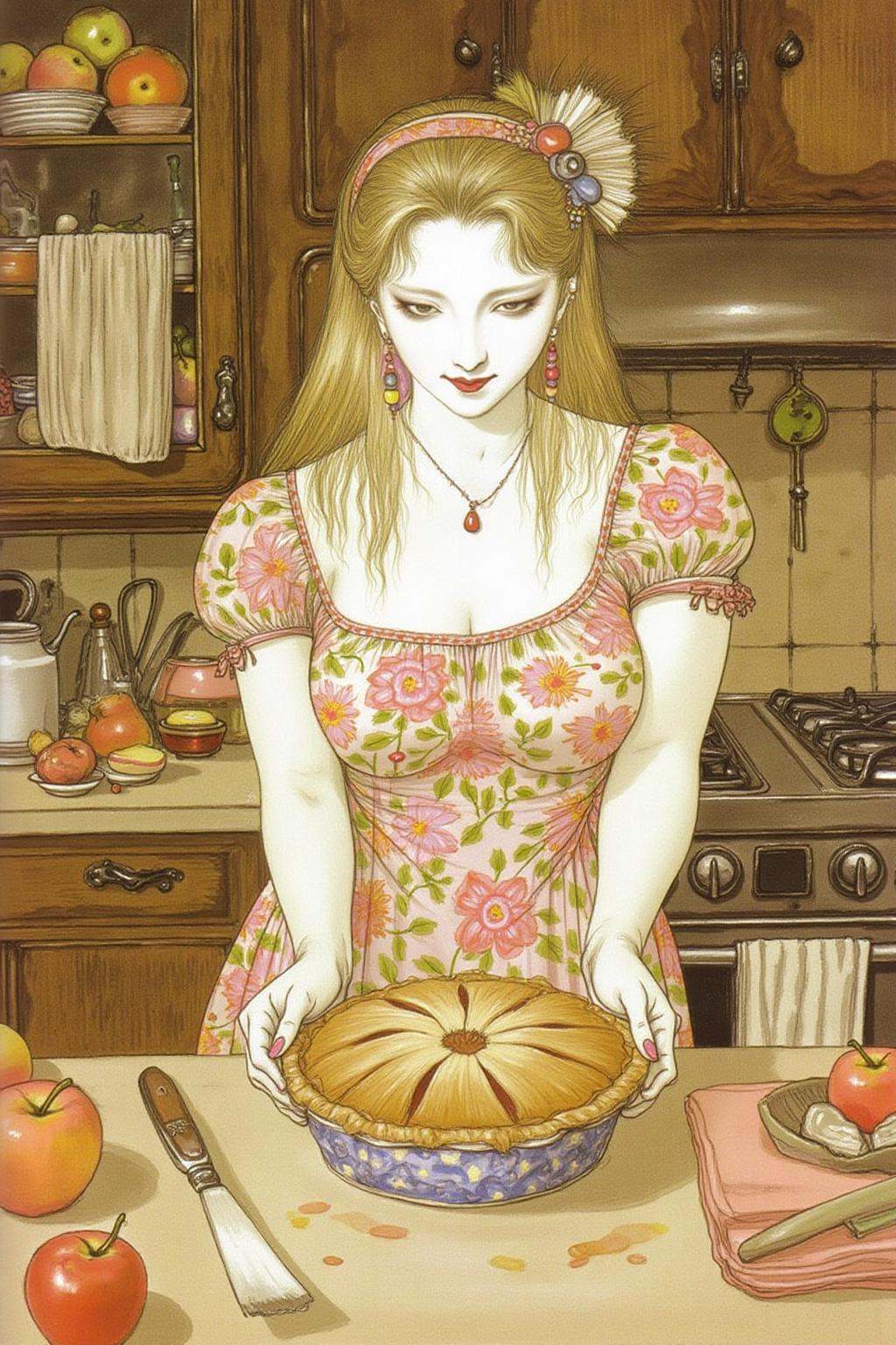 amayo illustration.A blonde woman wearing floral dress,  baking apple pie in a rustic kitchen on Tensor.Art