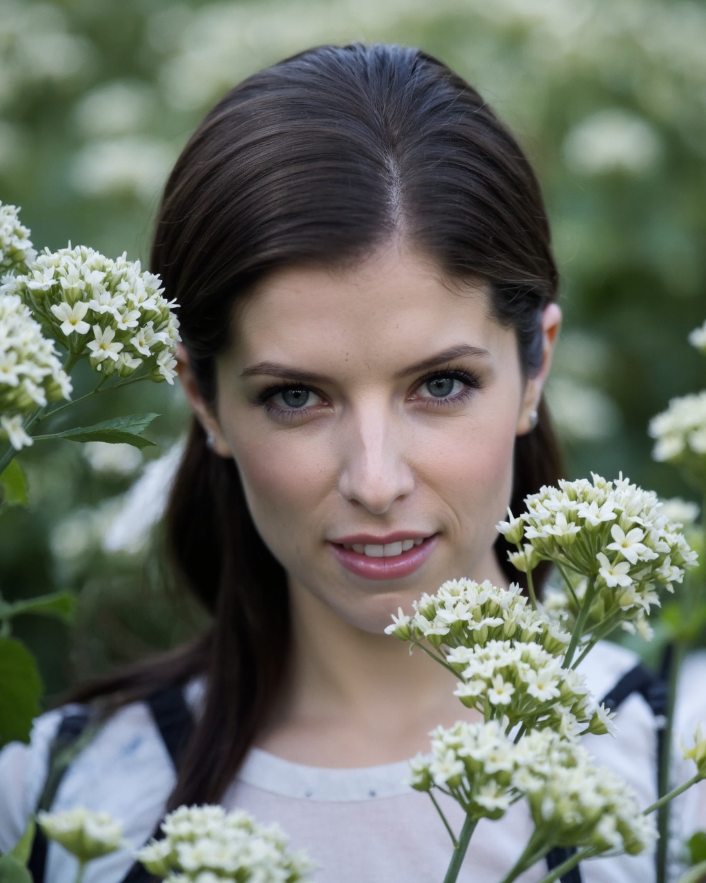 A portrait of anna_kendrick in a natural setting. She has black hair and striking blue eyes. She wears a white top with a...
