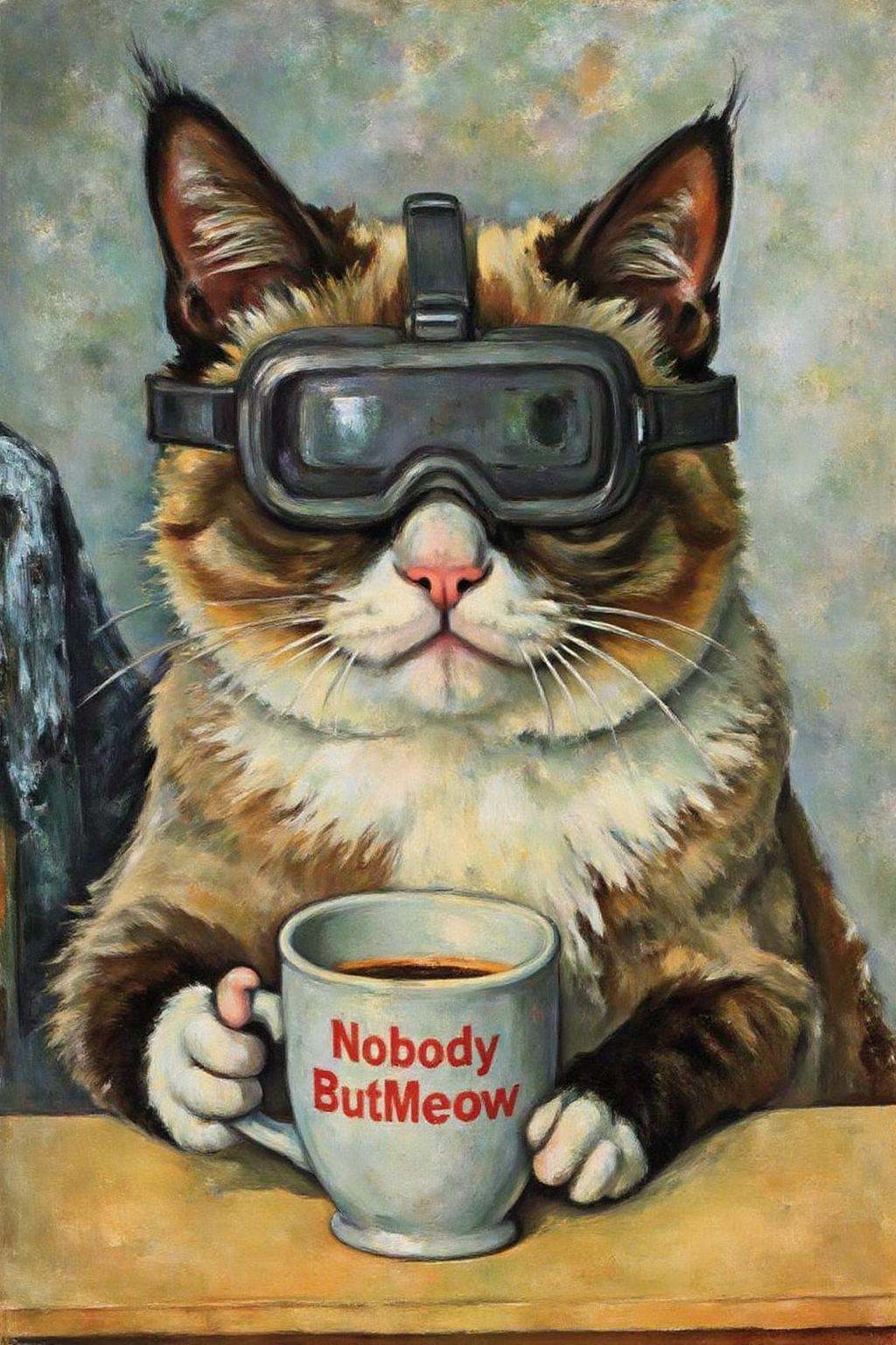 pau1cez painting.Grumpy Cat holding a coffee mug,  wearing a VR Headset. The mug has the phrase "NobodyButMeow" printed on...