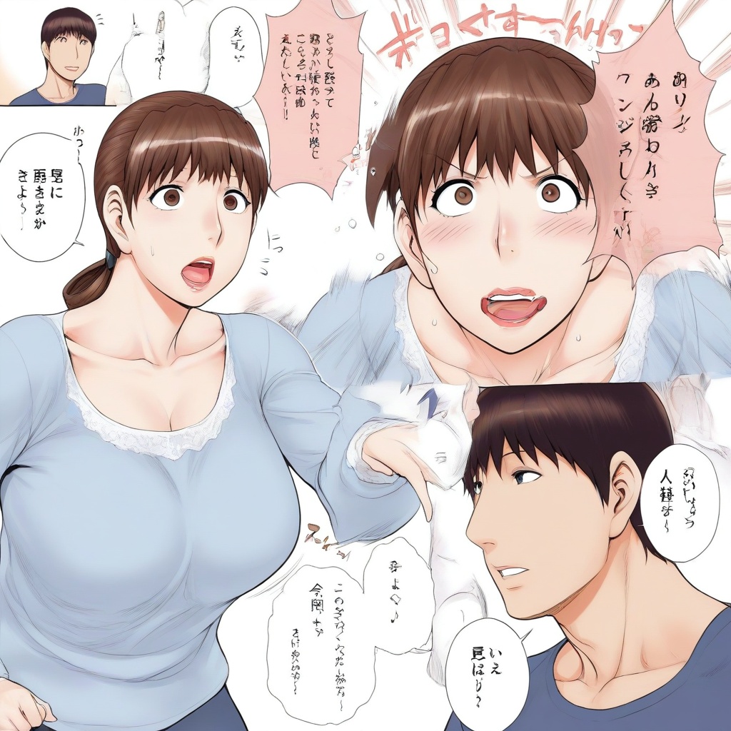 jinsukeya comic panel 1woman 1man three scenes sequential storytelling mid body dynamic poses dialogue expressions long ha...