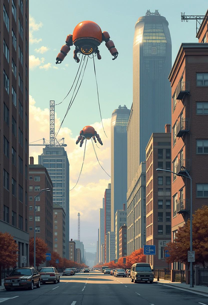 Simonstalenhagstyle,  retro futuristic city,  cables on Tensor.Art