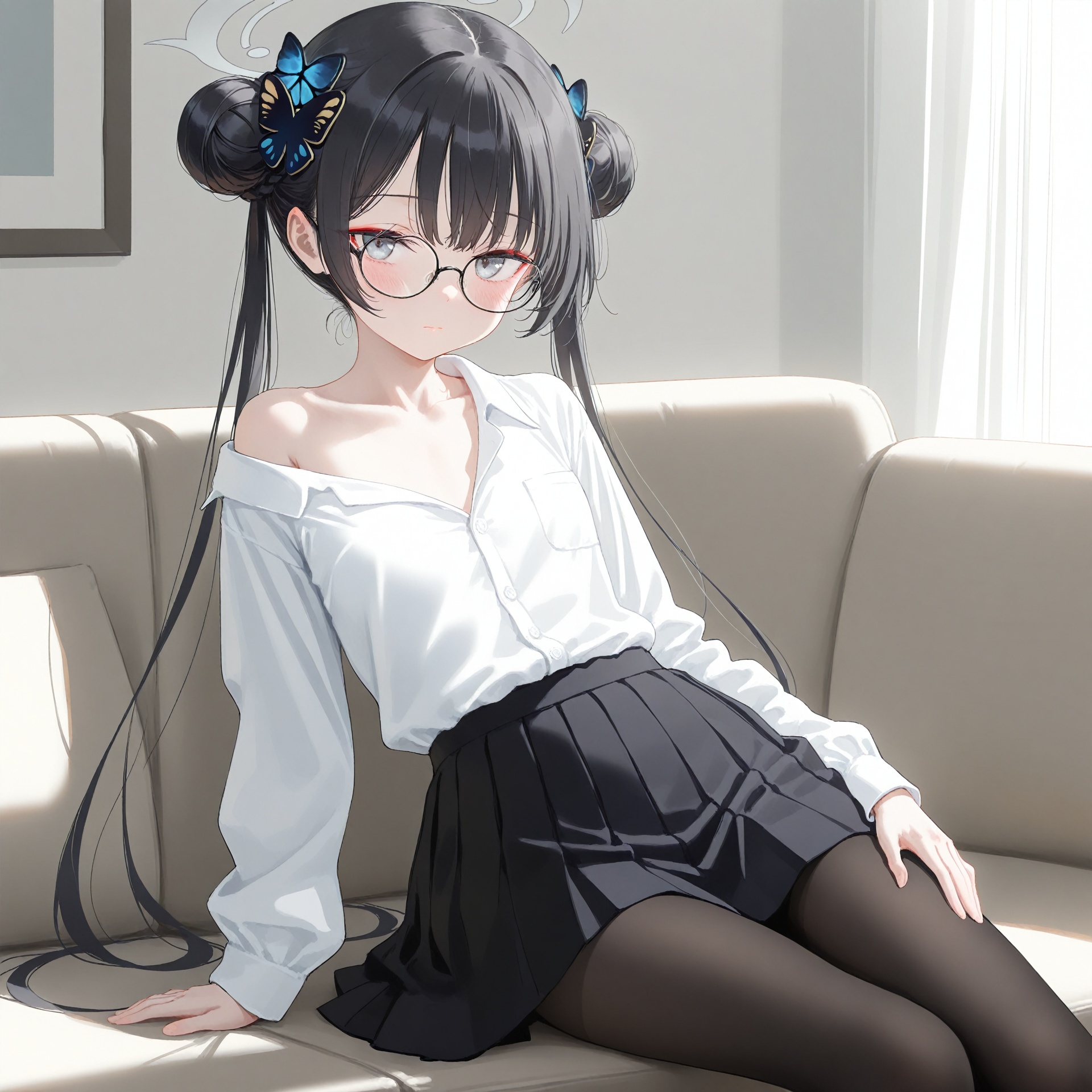 masterpiece,best quality,high quality,loli,(artist:ningen_mame:0.9),(artist:sho_(sho_lwlw):0.9),(artist:rhasta:0.9),(artist:wlop:0.7),(artist:ke-ta:0.6),(fkey:0.5),(tianliang duohe fangdongye:0.5),(hiten \(hitenkei\):0.6),loli1girl,solo,butterfly hair ornament,halo,double bun,kisaki (blue archive),hair bun,skirt,black hair,glasses,shirt,hair ornament,white shirt,long hair,twintails,round eyewear,looking at viewer,pantyhose,black skirt,long sleeves,alternate costume,sitting,bespectacled,pleated skirt,closed mouth,single bare shoulder,off shoulder,shirt tucked in,grey eyes,grey halo,black pantyhose,collarbone,black-framed eyewear,couch,collared shirt,blue eyes,arm support,white halo,very long hair,on couch,