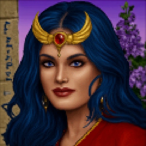 JA2 style portrait of a sorceress with blue wavy hair,  wearing a golden headpiece with stylized wings around a red gem at...