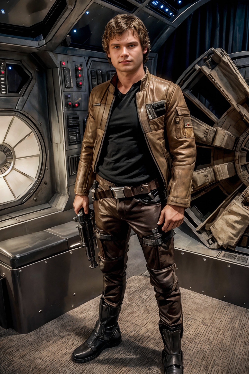 standing in front of the Millennium Falcon,  HaydenRichards dressed in Han solo outfit,  holding a blaster on Tensor.Art