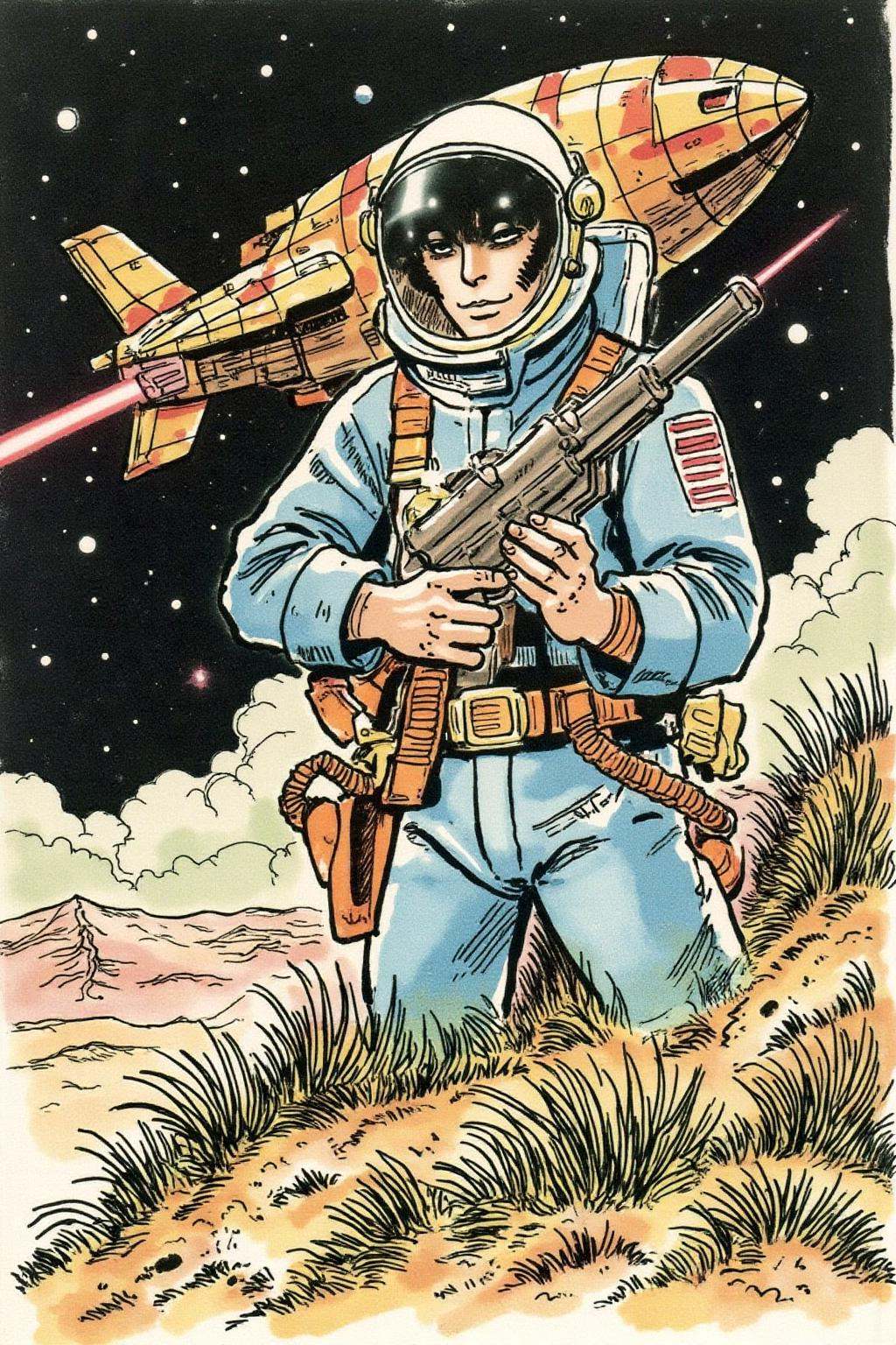 hugop1 illustration. A serene astronaut,  holding a retro laser pistol,  standing on an alien planet. A ancient spaceship...