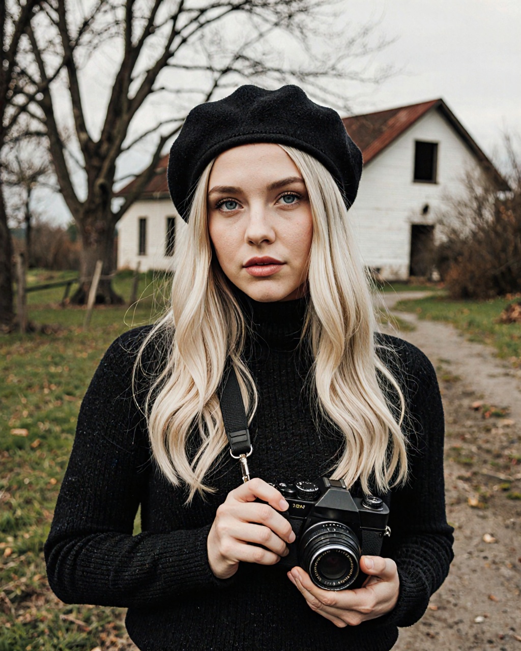 This is a high-resolution photograph of a young woman standing outdoors in a rural setting. She is Caucasian with long,  s...