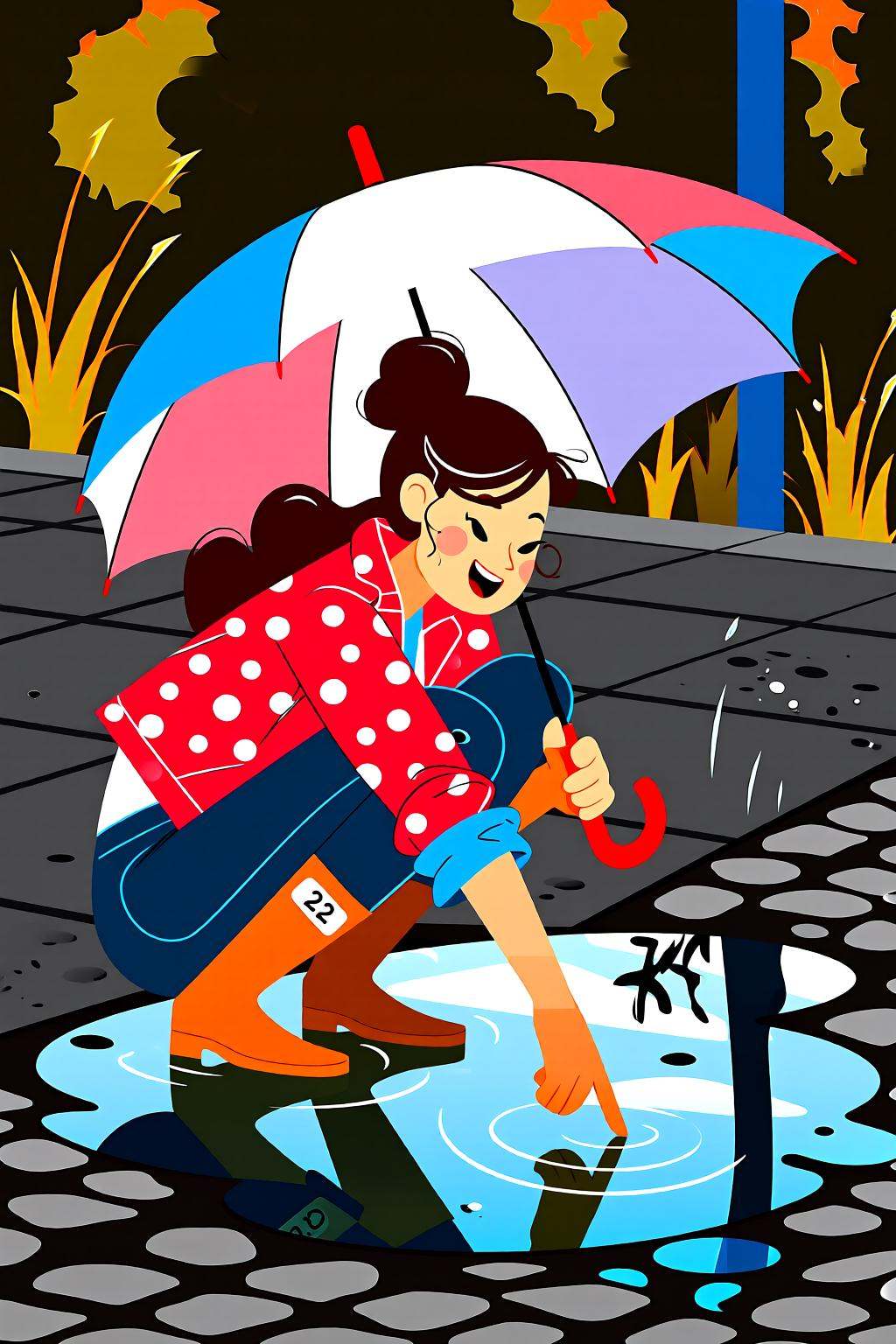 flatcolorvectorart2q illustration.A young woman,  crouching low to the ground in a puddle. She is wearing bright yellow ru...