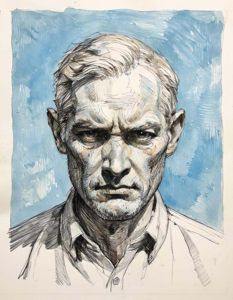This is a highly detailed and realistic pencil drawing of a middle-aged man with a stern and intense expression. The subje...
