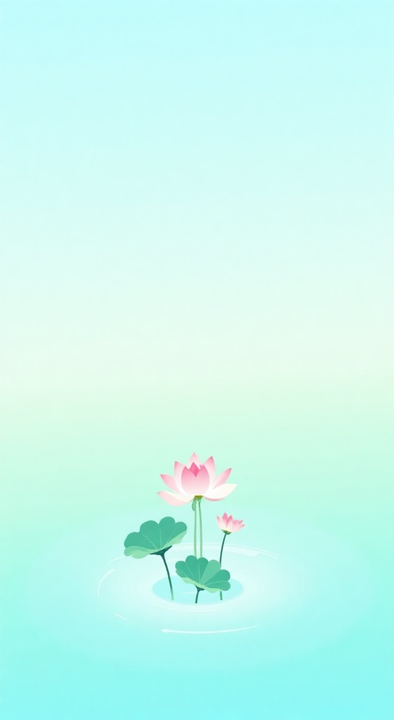 a tall vertical flat gradient illustration featuring a large blooming lotus flower at the center,  surrounded by floating...