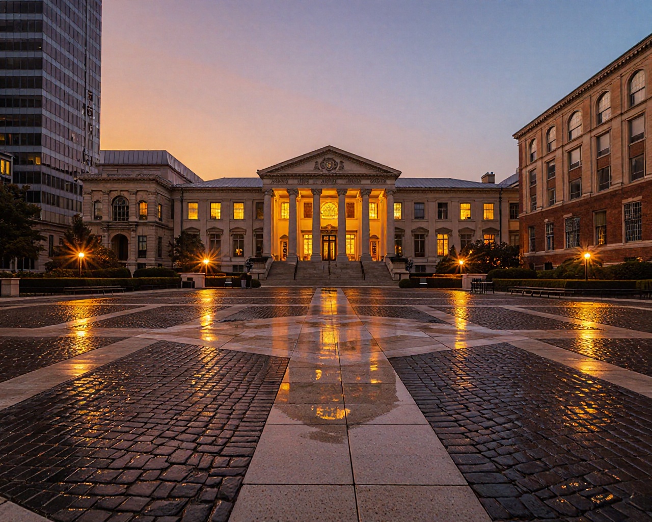 This is a high-resolution photograph of the University of Chicago's iconic Quadrangle at dusk,  captured during golden hou...