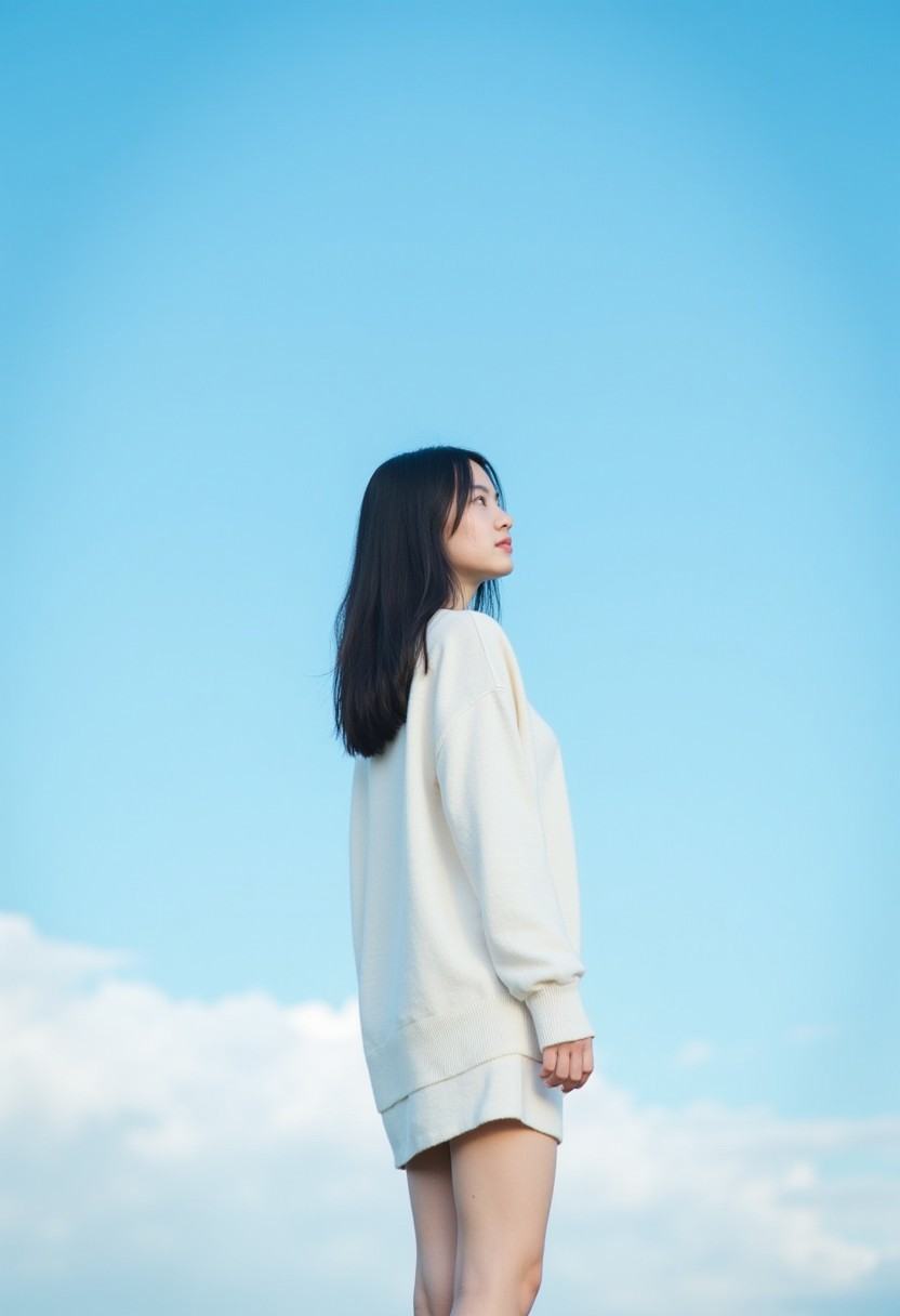 An extra long shot landscape photo showing a young Asian woman standing in front of blue sky. The woman wears white sweate...