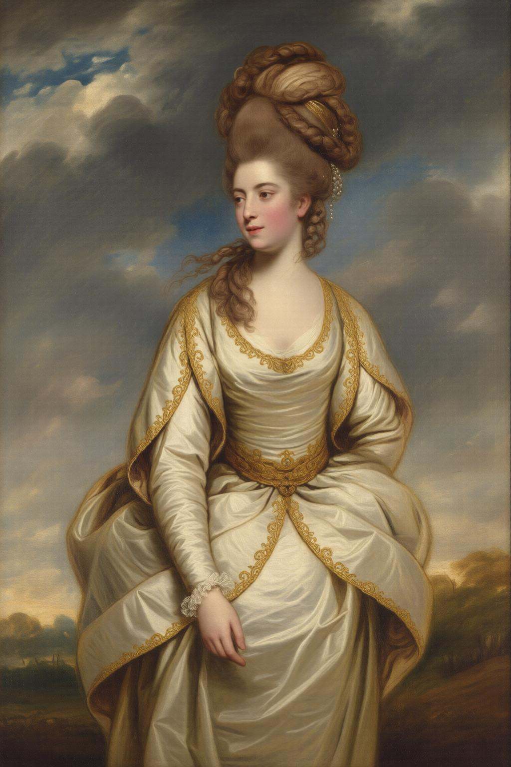 joshuareynolds2q painting.A woman from the 18th century. She is depicted standing outdoors against a dramatic,  stormy sky...