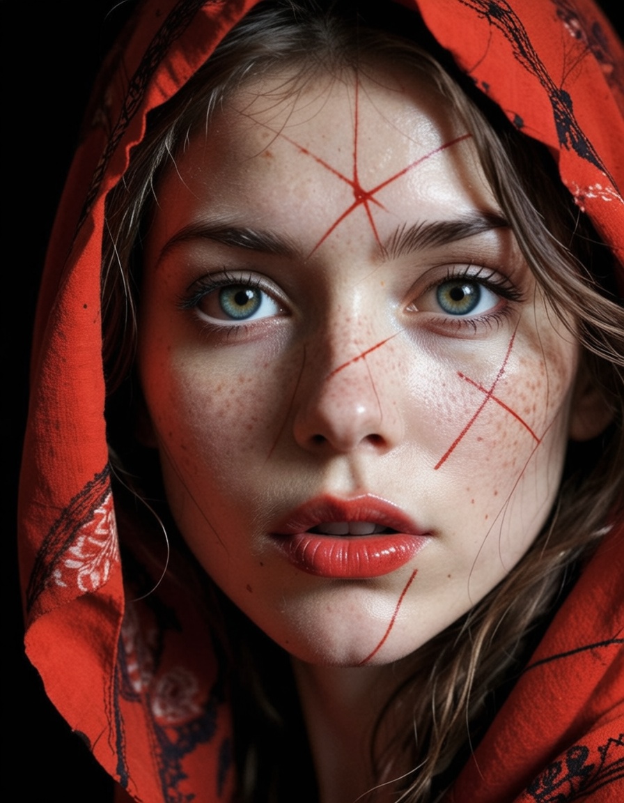Close-up face,  mysterious silhouette of an exotic girl in worn down clothing,  red cosmetic over face on Tensor.Art