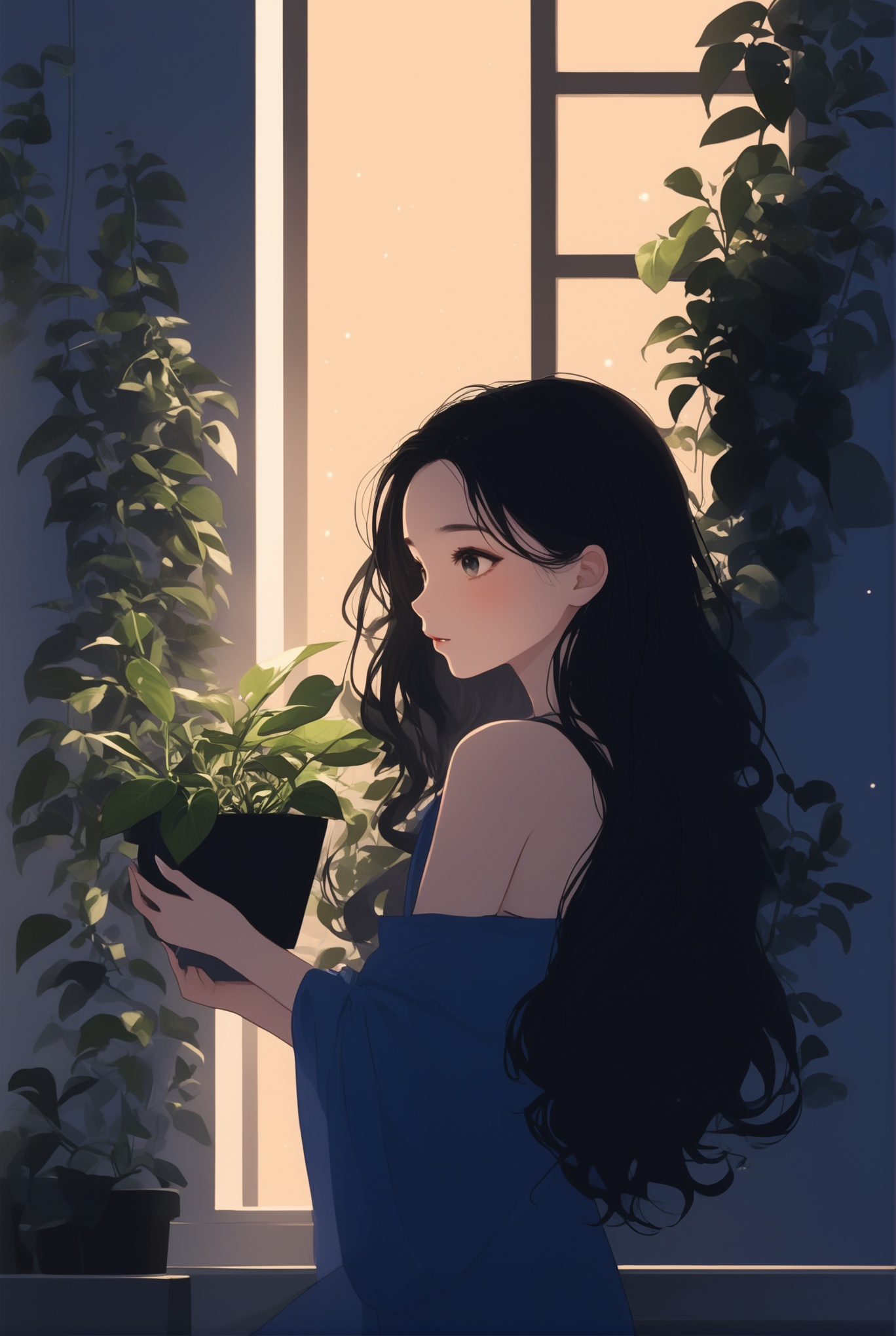 night,1girl,solo,plant,long hair,black hair,<lora:city life:0.8>,