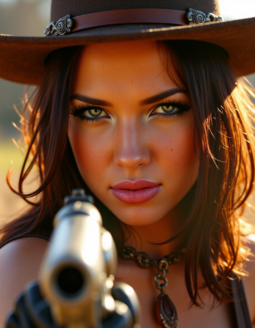 A dramatic close-up of a stunning gunslinger cowgirl aiming her revolver with intense precision. Her striking face is fram...