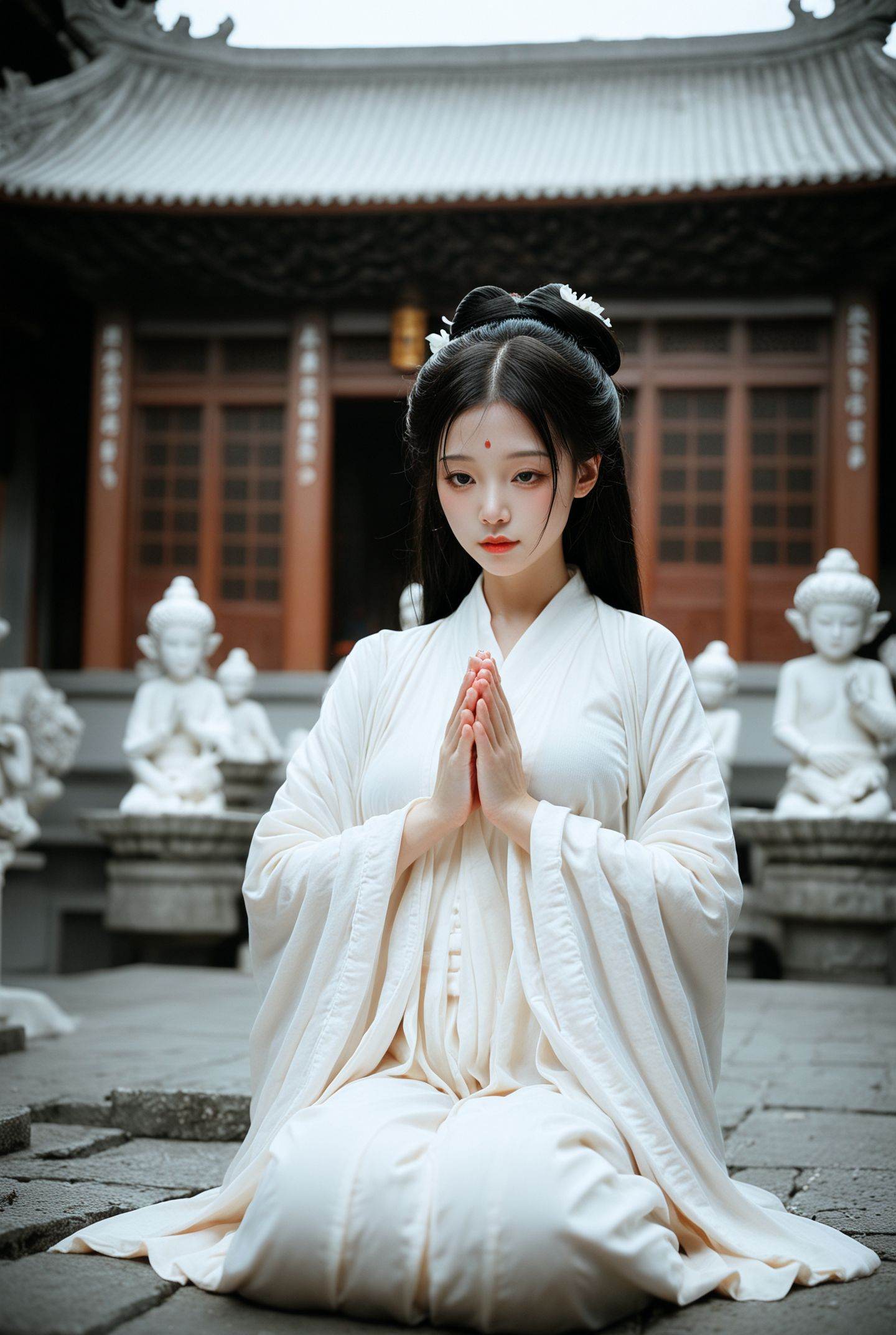 (score_9,score_8_up,score_7_up,score_6),hanfu,simple,(blurry background:1.1),blurry,(blurry foreground:1.1),A girl robot with a long black-haired oriental beauty face and mechanical body parts,wearing a white silk Hanfu,sitting in a meditation pose in a Buddhist temple,with her hands clasped together and no Chinese fan,in a very high and spacious ancient Chinese building that is dirty,damp,and mossy,with a huge stone Buddha statue inside,and some candlelight effects,hanfu,wide sleeves,long sleeves,sleeves past fingers,