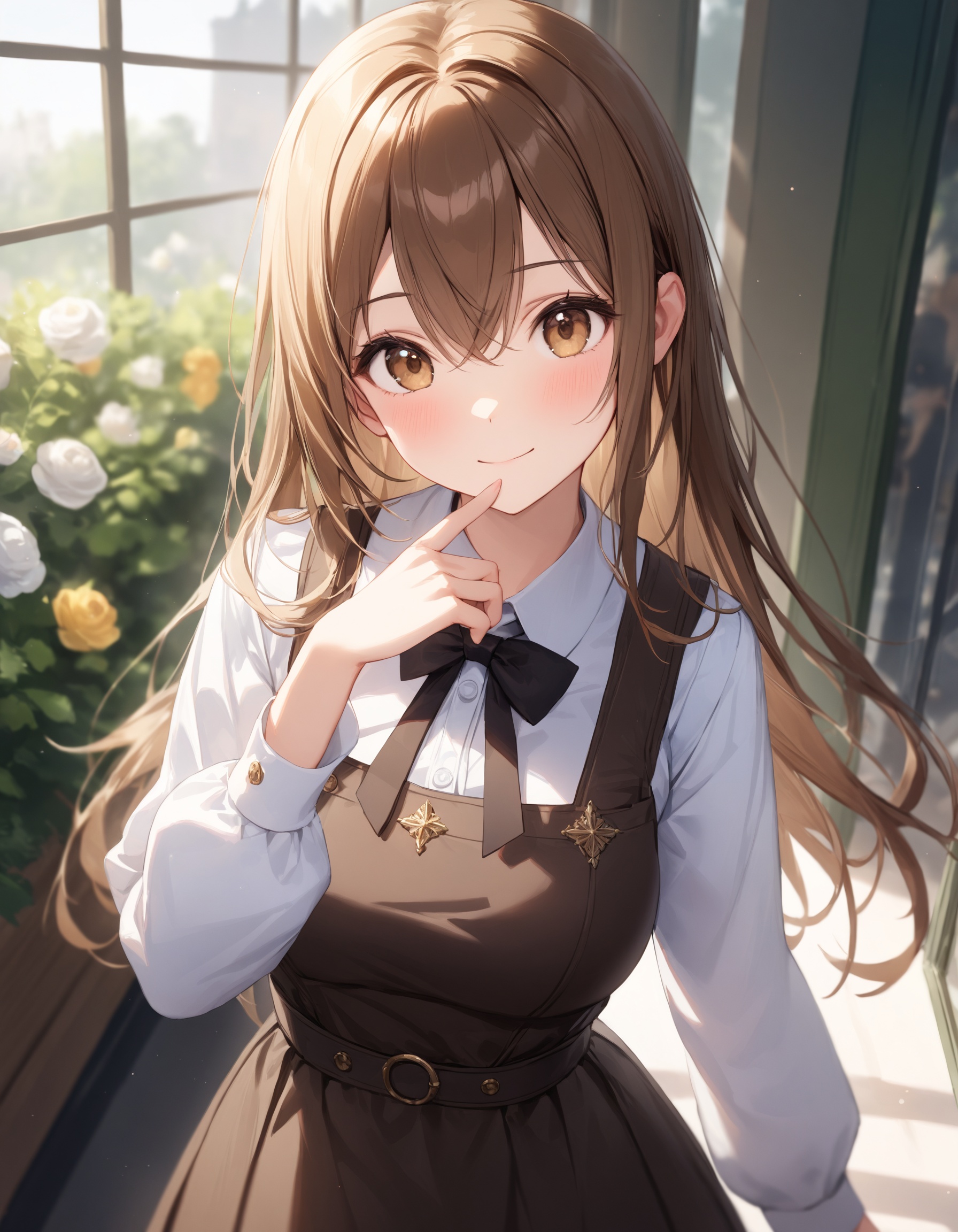 Depth of field. Cowboy shot. Cinematic angle. 1girl. Solo. Light smile. Elegant pose. Put hand near by chin. Head tilt. Lo...