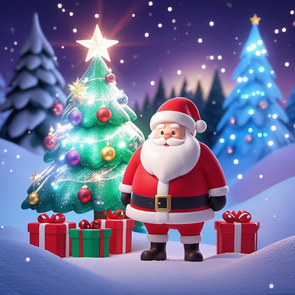 shengdan, A jolly Santa, with a bushy white beard and rosy face, stands in a snowy forest, dressed in a classic red suit, trimmed with white fur, and wearing a black belt. He had a sack slung over his shoulder, and to his right, a shiny green Christmas tree was decorated with colorful ornaments and topped with a shining star. Snow-covered evergreens and a starry night sky make up the scene, with several gift boxes wrapped in red and white paper scattered across the snow.,<lora:shengdan_v1-000016:0.8>