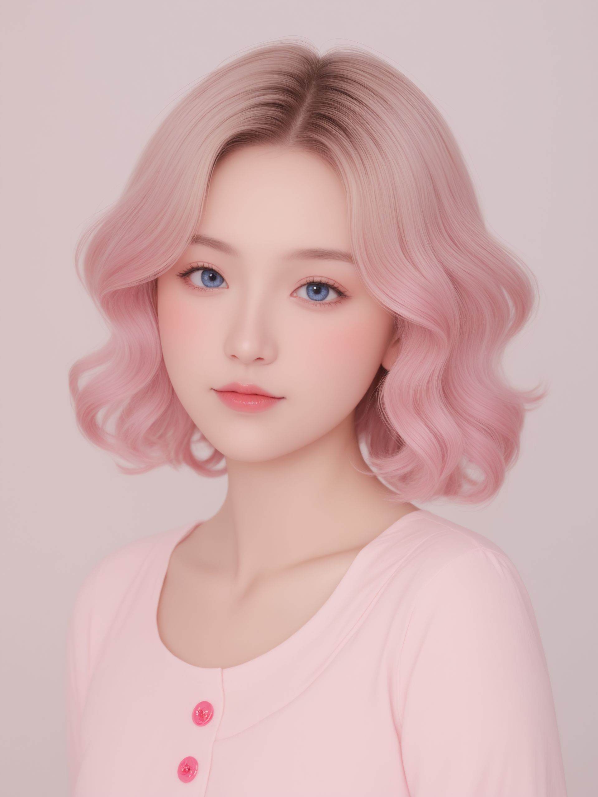 (fashion photography:1.3),(sweet:1.2),This is an image of a person with a very stylized and artistic appearance. The individual has long,(wavy hair with a mix of Bluish and white colors:1.1),which gives off a soft and whimsical vibe,possibly Bluish,. The overall aesthetic is very cute and playful,with a focus on pastel colors and a fantasy-**** quality. The background is simple and does not distract from the subject,which is the person's face and upper body,(Short hair),masterworks,highest picture quality,Stance,side to side,