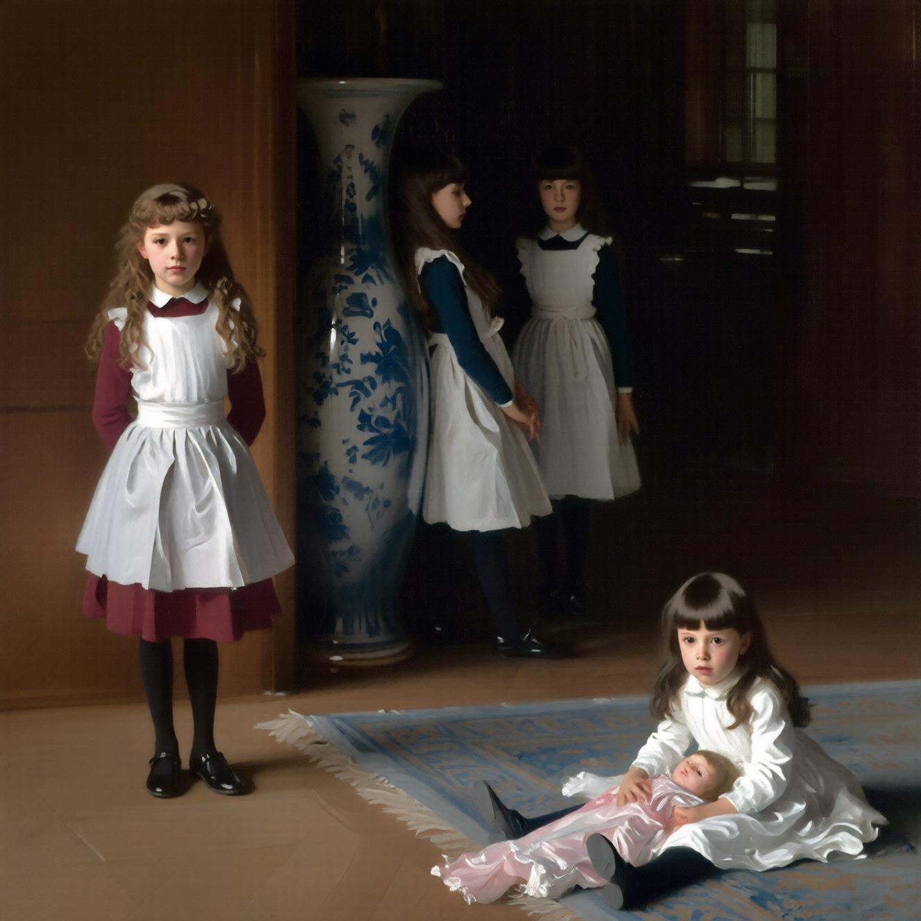 johnsingersargent6q painting.Four young girls in an interior setting,  rendered with soft lighting. In the left foreground...
