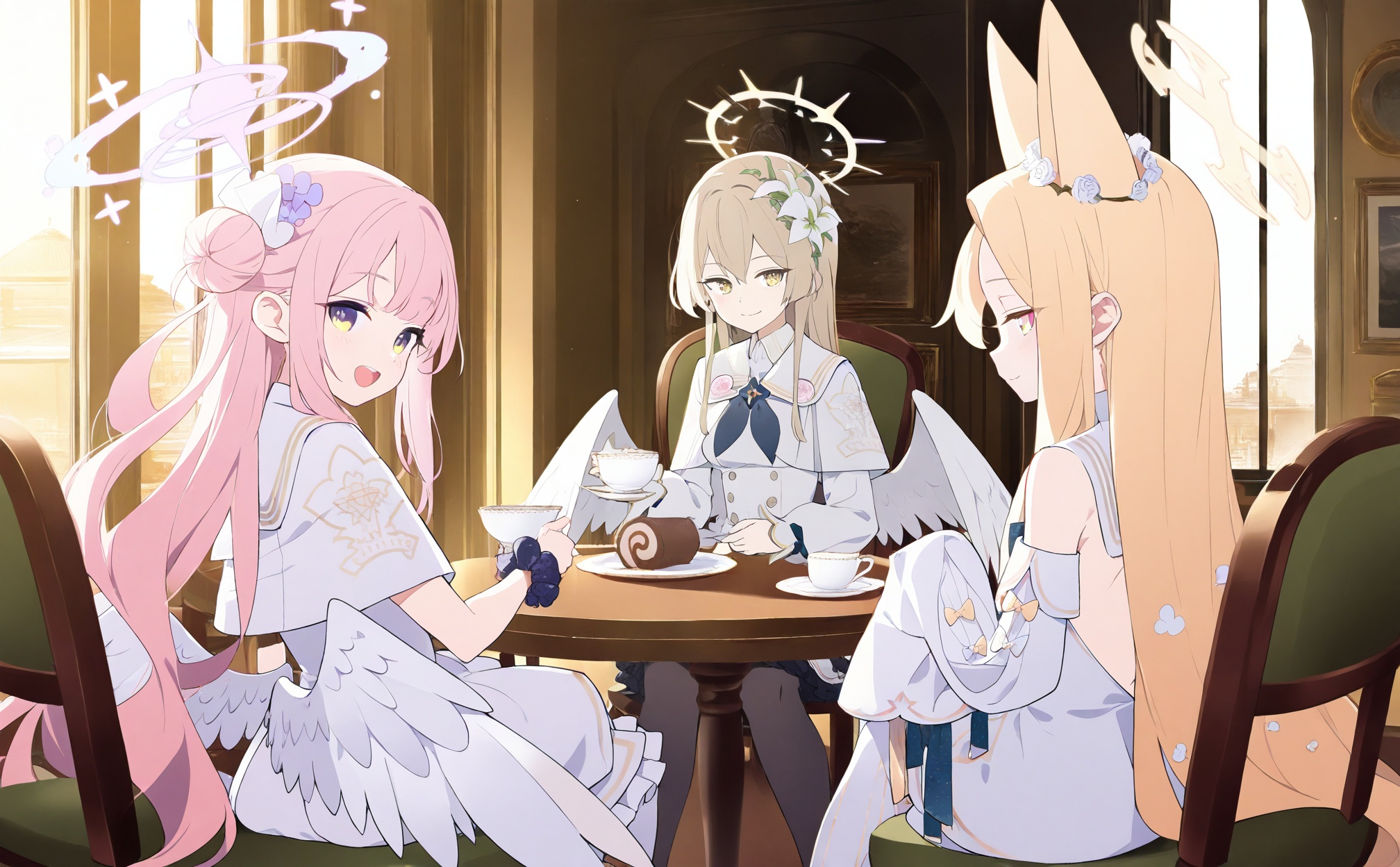masterpiece,best quality,high quality,loli,seia (blue archive), nagisa (blue archive), multiple girls, mika (blue archive), halo, 3girls, dress, tiered tray, animal ears, white dress, yellow eyes, pink hair, capelet, long hair, white capelet, blonde hair, holding cup, holding, wings, cup, cake, teacup, chair, fox ears, smile, detached sleeves, sitting, white wings, yellow halo, light brown hair, hair flower, angel wings, food, flower, pink halo, indoors, feathered wings, animal ear fluff, long sleeves, hair ornament, wrist scrunchie, closed mouth, open mouth, holding saucer, looking at viewer, single side bun, bird, white bird, window, animal, scrunchie, hair bun, teapot, pantyhose, saucer, sleeves past wrists, swiss roll, sleeves past fingers, on chair, bare shoulders, table, backless outfit, very long hair,<lora:BA2——【Illustrious】hans:1>,