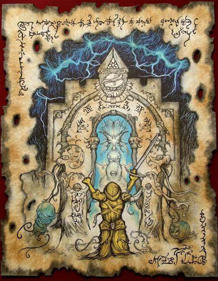 ncrnmcn,  A discolored and frayed page reveals an illustration of a knight in golden armor standing before a massive gate...