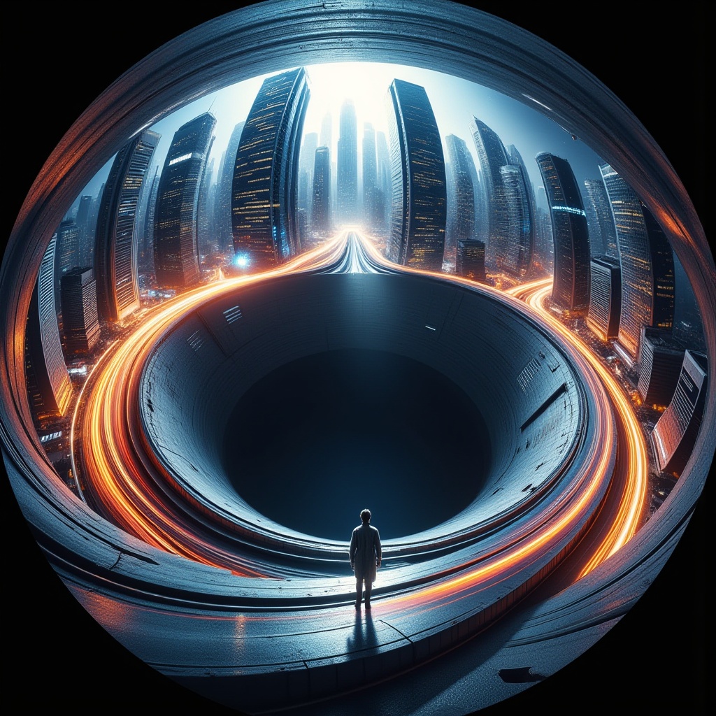 professional 3d model ral-exposure A futuristic 3D cityscape viewed through a fisheye lens,  with tall skyscrapers curving...
