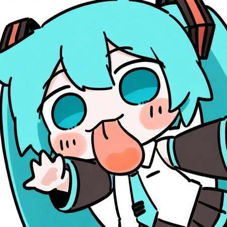 1girl,hatsune miku,twintails,necktie,solo,skirt,shirt,aqua hair,black skirt,aqua eyes,detached sleeves,long hair,sleeveless,white shirt,open mouth,white background,aqua necktie,black sleeves,sleeveless shirt,outstretched arms,very long hair,blush stickers,pleated skirt,hair ornament,miniskirt,bare shoulders,musical note,<lora:tongue out_ill-xl_e2:1>,chibi,tongue,tongue out,upper body,waving,