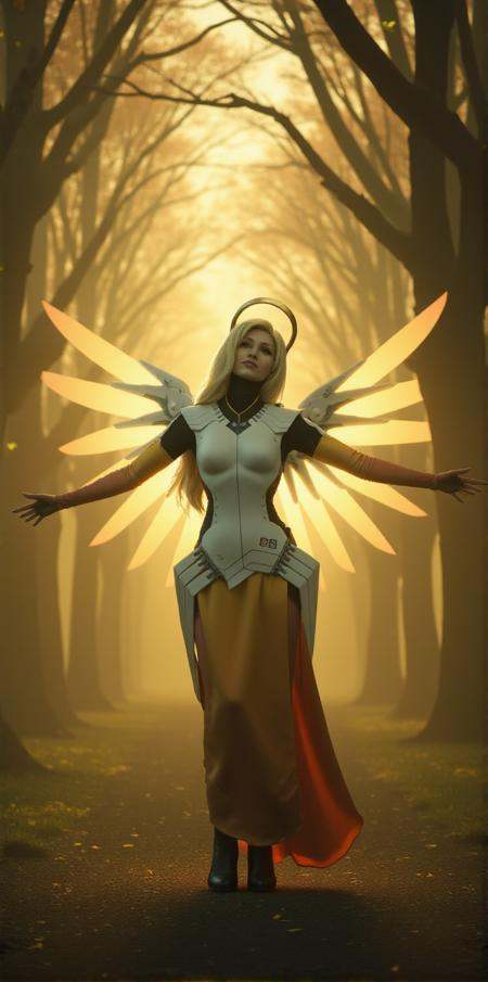 Mercy,  a woman with a halo and wings,  is standing opened arms like a godly figure in a mystical scenery on Tensor.Art