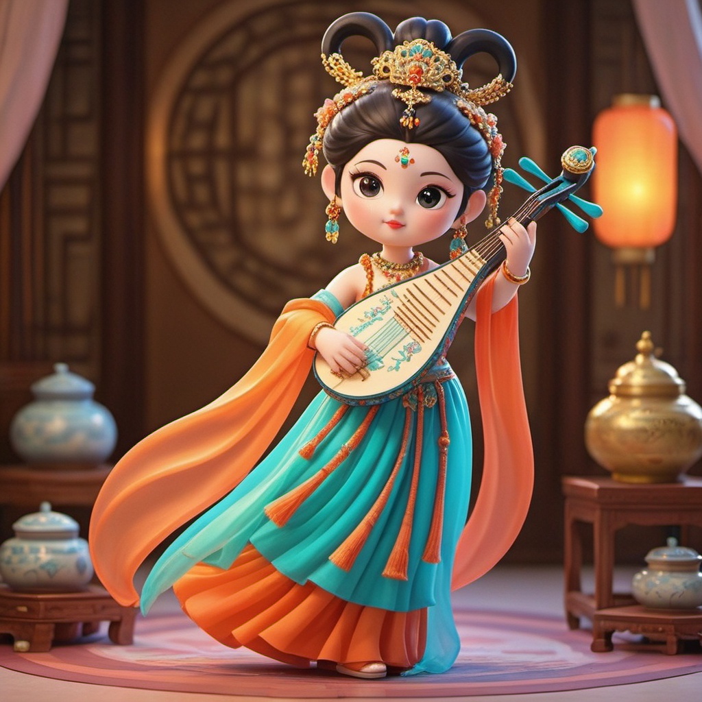 Q edition,shinv, A lively, colorful CGI illustration of a young Asian girl rocking an elaborate traditional Chinese outfit. She's strumming a zither with style, decked out in a fancy dress with turquoise, orange, and pink fabrics, all jazzed up with intricate gold embroidery. Her hair's styled in a fancy updo, complete with golden hairpins. The backdrop features traditional Chinese decor with a circular pattern, lanterns, and vases, giving off a chill and elegant vibe. The girl's got a gentle and focused look, totally nailing that classic elegance and grace.<lora:shinv_v1:0.8>,
